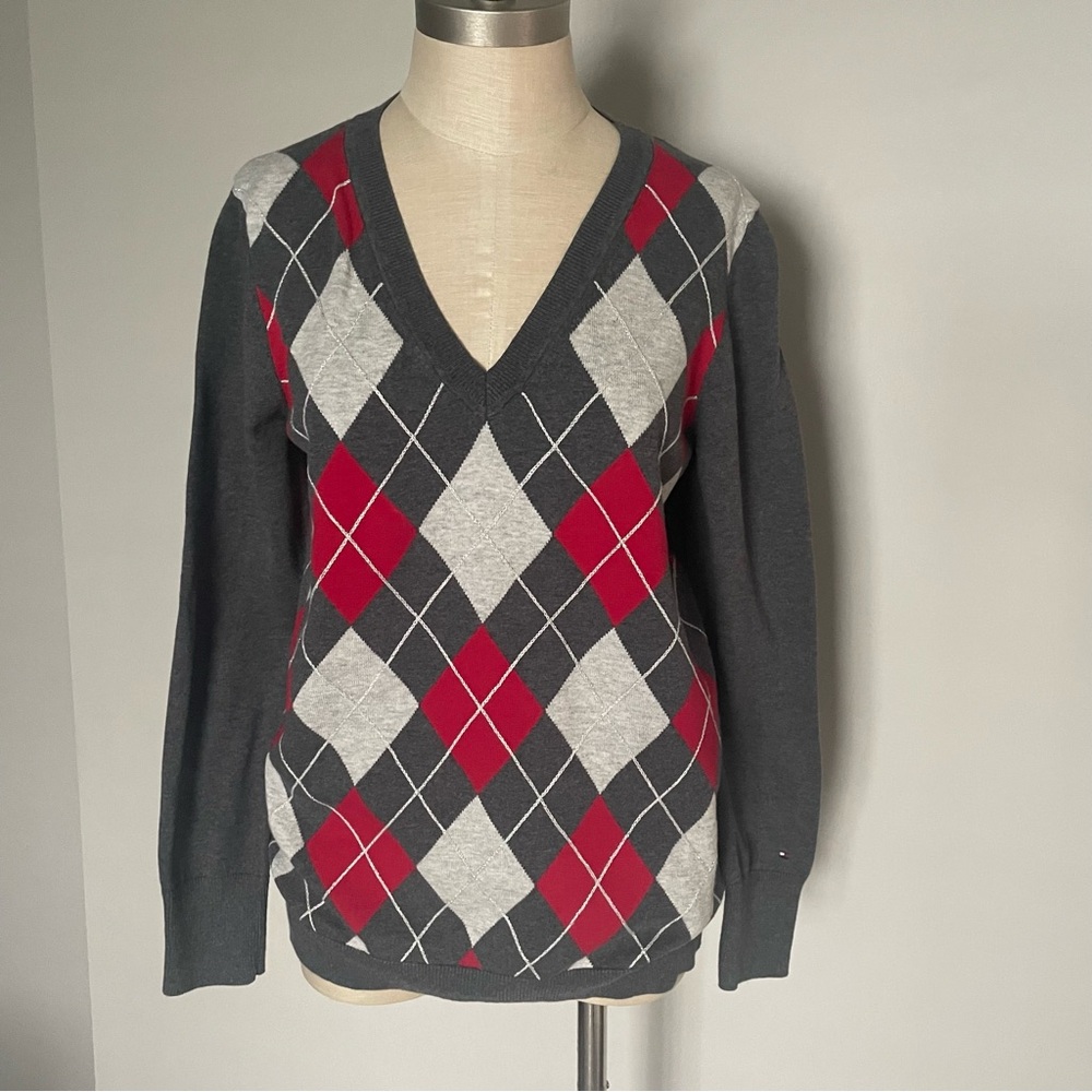 Tommy Hilfiger Argyle V Neck Sweater Gray and Red size L
